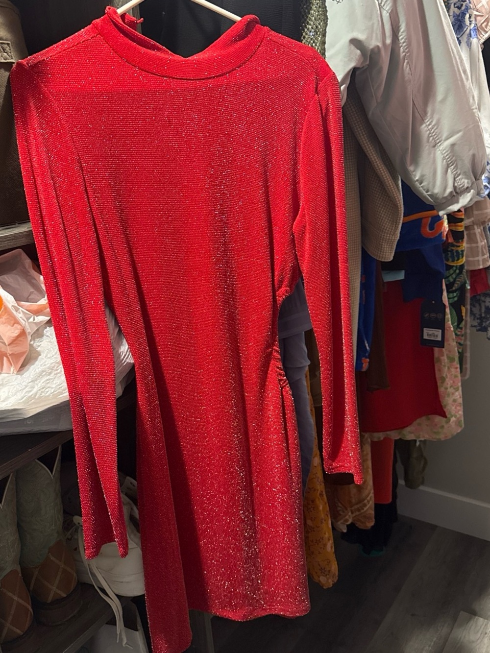 Bar III Red Sparkle Long-Sleeve Mini Dress